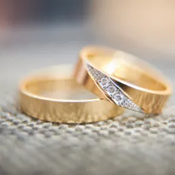 Dwa złote pierścionki ślubne leżące na teksturowanej, szarej powierzchni; jeden z pierścionków zdobiony rzędem drobnych diamentów.