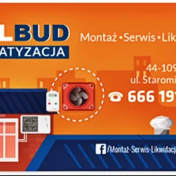 Grafika reklamowa firmy Allbud Klimatyzacja z Gliwic, oferującej montaż, serwis i likwidację, z adresem i numerem telefonu, przedstawiona w formie ilustracji z klimatyzatorami na tle dachu.