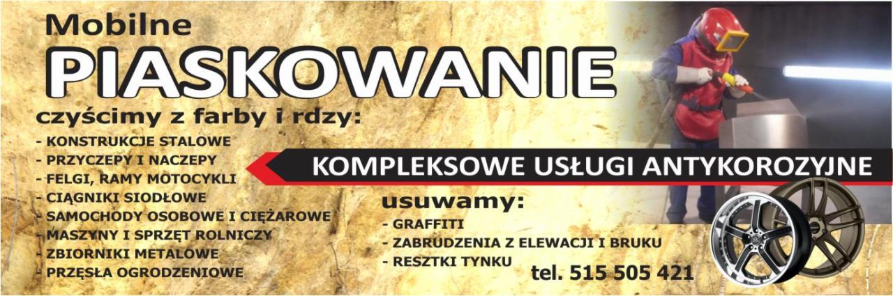 Plakat reklamowy usług mobilnego oczyszczania powierzchni z rdzy i farby, w tym felg, konstrukcji stalowych i graffiti. Osoba w kombinezonie ochronnym podczas procesu oczyszczania strumieniem...