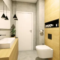 Wizualizacja nowoczesnej łazienki w szarościach i drewnie, z wiszącą toaletą, umywalką nablatową, czarnymi lampami wiszącymi i dekoracyjnymi butelkami na blacie.