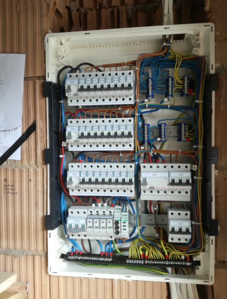 Otwarta skrzynka elektryczna z zainstalowanymi bezpiecznikami i okablowaniem na tle ściany z cegły dziurawki w trakcie montażu.
