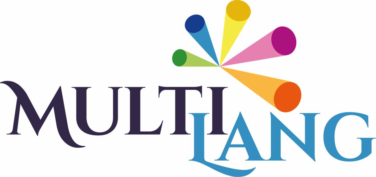 Graficzne logo firmy językowej MultiLANG z kolorowymi promieniami symbolizującymi różnorodność języków.
