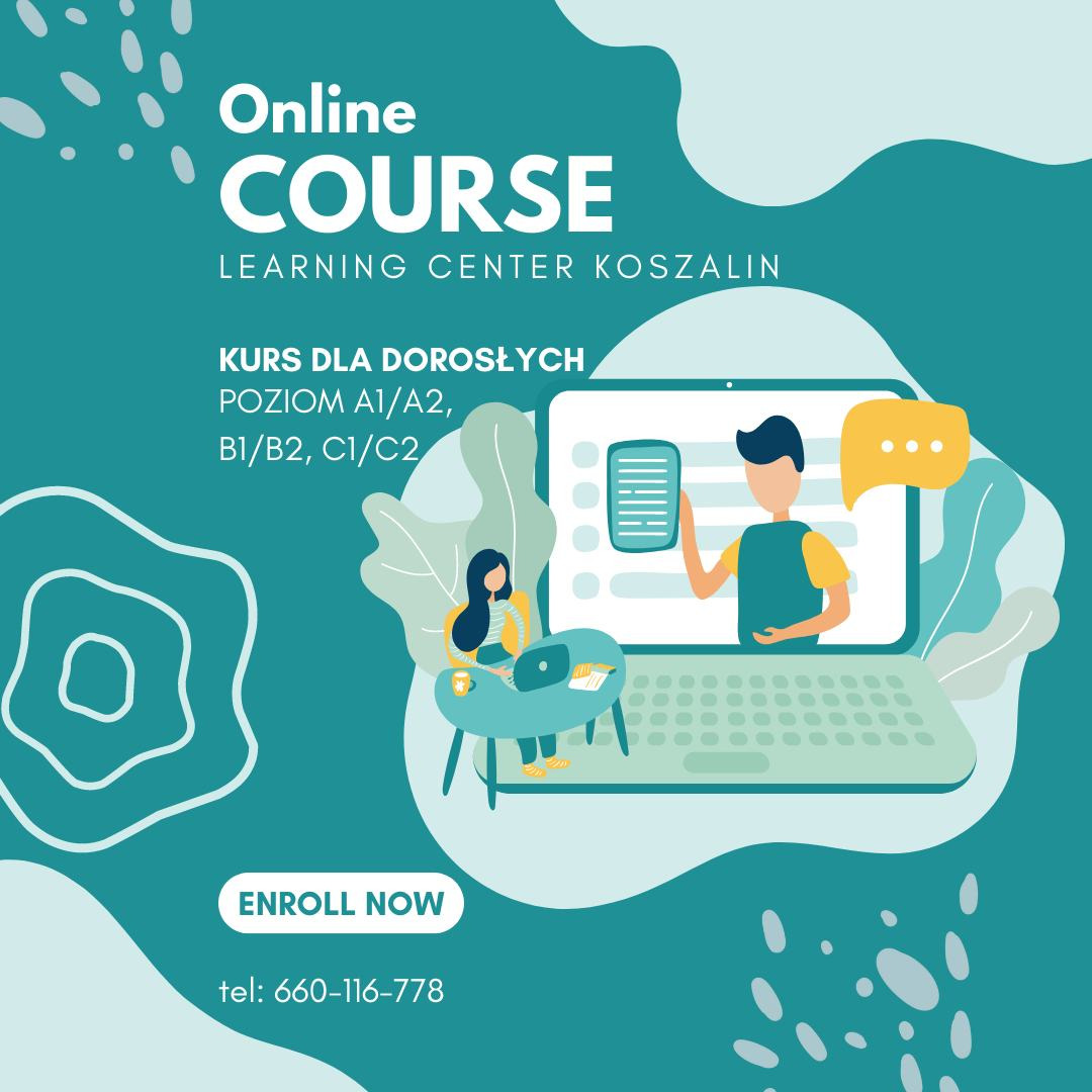Grafika kursu online dla dorosłych z lektorem na ekranie laptopa i uczennicą przy biurku. Napis: Kurs dla dorosłych, poziom A1/A2, B1/B2, C1/C2. Zapisz się teraz.