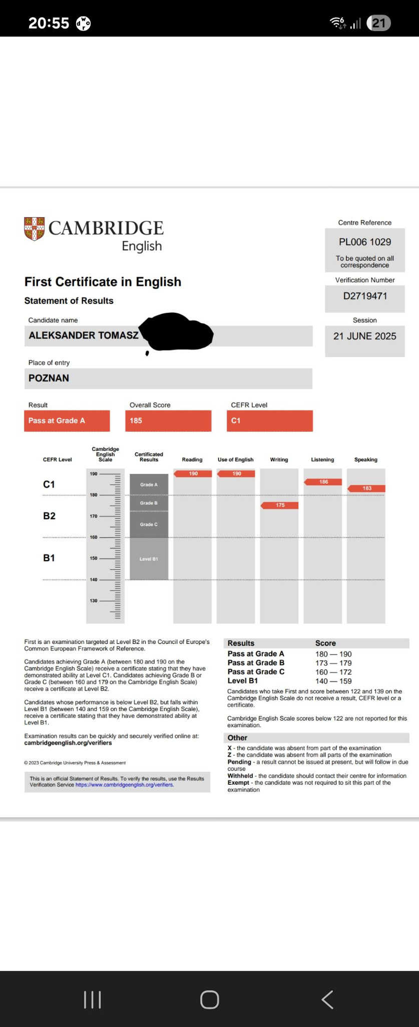 Skan dokumentu Cambridge English First Certificate z wynikami Aleksandra Tomasza z Poznania, poziom C1, sesja 21.06.2025, z ocenami z poszczególnych umiejętności.