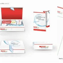 Projekt opakowania zestawu past do zębów Colgate wykonany przez studio graficzne z Myślenic, prezentujący pudełko zbiorcze, pojedyncze opakowania i wizualizację graficzną.