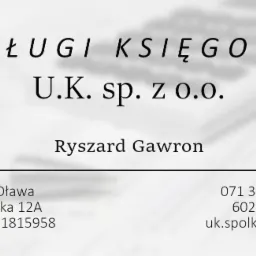 Wizytówka firmy U.K. sp. z o.o. Ryszard Gawron, oferującej usługi księgowe, z adresem w Oławie i danymi kontaktowymi.