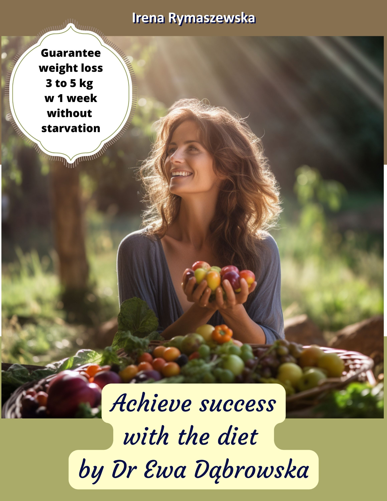 Uśmiechnięta kobieta trzymająca w dłoniach małe jabłka na tle kosza pełnego warzyw i owoców, z promieniami słońca w tle.