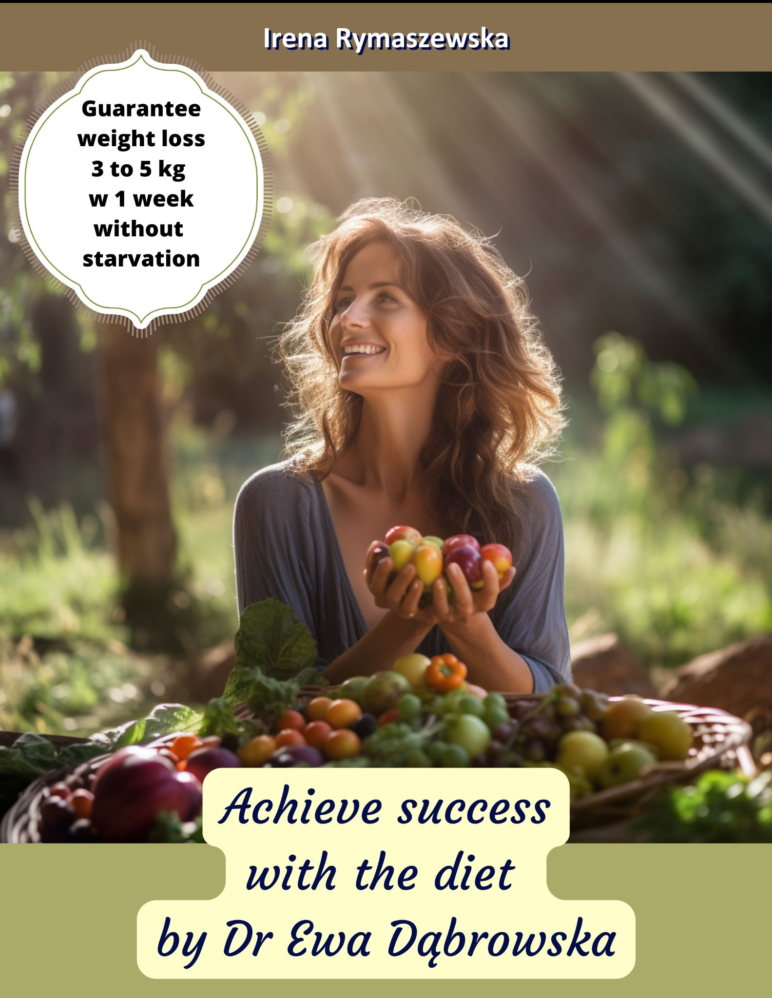 Uśmiechnięta kobieta trzymająca w dłoniach jabłka, z koszem pełnym warzyw i owoców w tle, promująca dietę dr Ewy Dąbrowskiej.