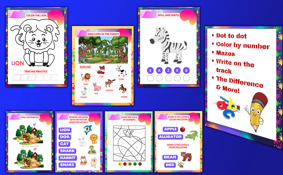 Zestaw edukacyjnych kart pracy dla dzieci, zawierający zadania typu: kolorowanie lwa, łączenie w pary, szukanie różnic, kolorowanie po numerach i nauka pisania.
