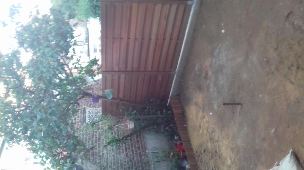 Drewniany płot lamelowy w ogrodzie, widok z boku, częściowo zasłonięty przez drzewo, ceglany murek u podstawy.