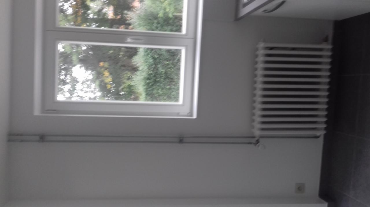 Białe okno z widokiem na drzewa, obok biały grzejnik żeberkowy na tle szarej ściany z płytkami.