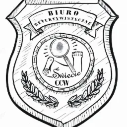 Szkic logo biura detektywistycznego w kształcie tarczy z lupą powiększającą odcisk palca, z napisem 'Biuro Detektywistyczne Świecie CCW'.