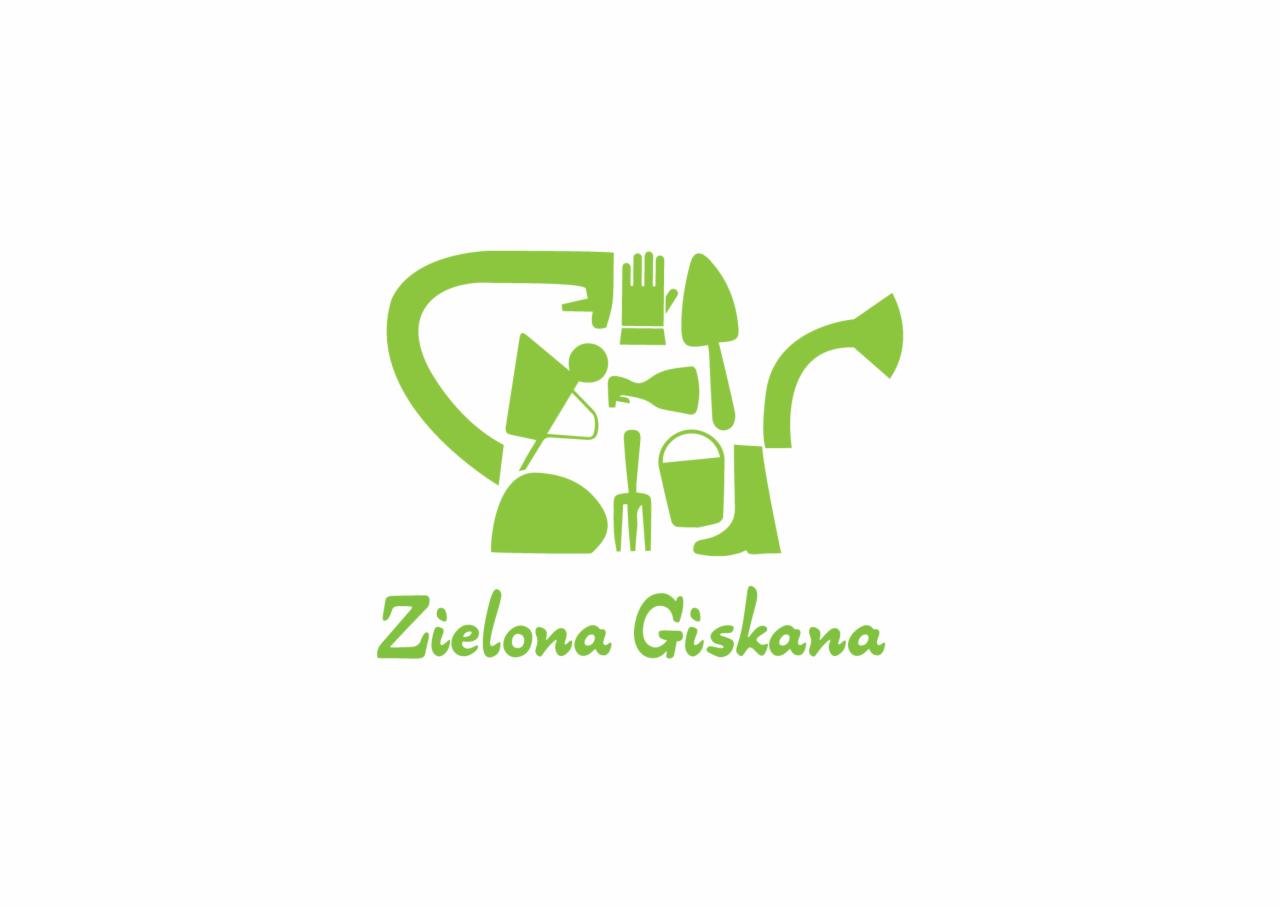 Zielony, graficzny logotyp firmy ogrodniczej 'Zielona Giskana' przedstawiający konewkę uformowaną z ikon narzędzi ogrodniczych, takich jak łopata, grabie, rękawice, wiadro i kalosze.