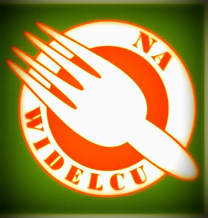 Logo firmy cateringowej: stylizowany biały widelec na pomarańczowym okręgu z napisem 'NA WIDELCU' na zielonym tle.