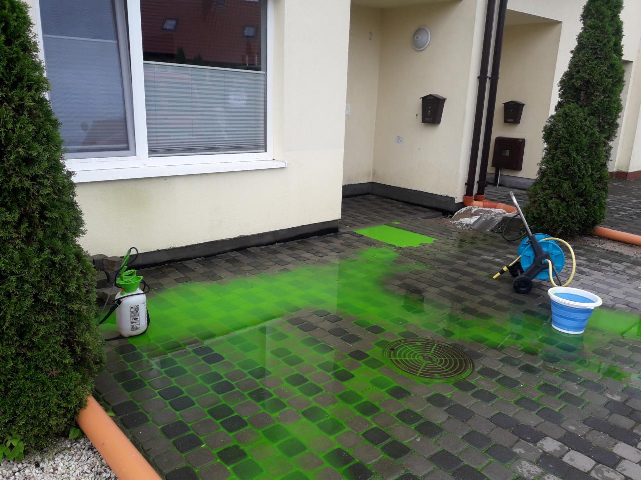 Czyszczenie kostki brukowej przed budynkiem z użyciem zielonego środka. Widoczny spryskiwacz, myjka ciśnieniowa i wiadro. Częściowo oczyszczona kostka.