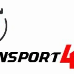 Logo firmy transportowej: czarny napis 'TRANSPORT' nad '4YOU', gdzie '4' jest czerwone, a nad napisem symbolizuje to globus z okrążającymi go strzałkami.