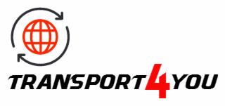 Logo firmy transportowej: czarny napis 'TRANSPORT' nad '4YOU', gdzie '4' jest czerwone, a nad napisem symbolizuje to globus z okrążającymi go strzałkami.