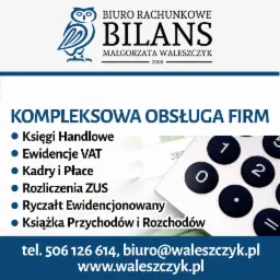 Logo firmy z sową i nazwą 'BILANS' oferującej kompleksową obsługę firm, w tym księgi handlowe, ewidencje VAT, kadry i płace, rozliczenia ZUS, ryczałt ewidencjonowany oraz książkę przychodów...