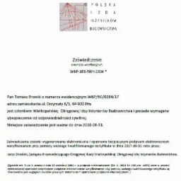Skan zaświadczenia z Wielkopolskiej Okręgowej Izby Inżynier&oacute;w Budownictwa dla Tomasza Brzeskiego, potwierdzające członkostwo i ubezpieczenie OC, ważne do 31.08.2018.