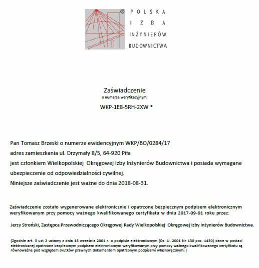 Skan zaświadczenia z Wielkopolskiej Okręgowej Izby Inżynierów Budownictwa dla Tomasza Brzeskiego, potwierdzające członkostwo i ubezpieczenie OC, ważne do 31.08.2018.