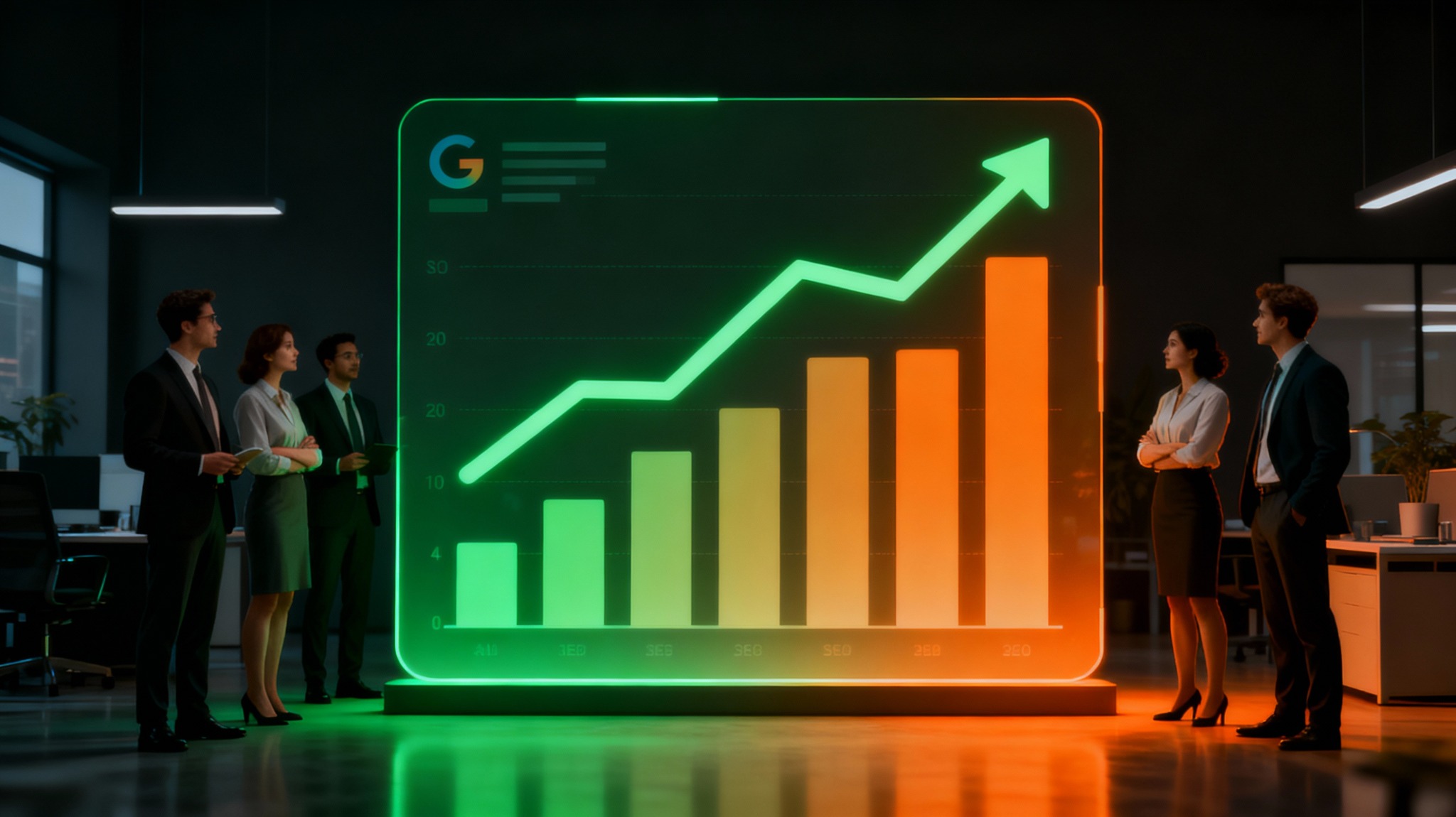 Zespół biznesowy analizuje neonowy wykres wzrostu z logo Google w nowoczesnym biurze, skupiając się na strategii i wynikach SEO.