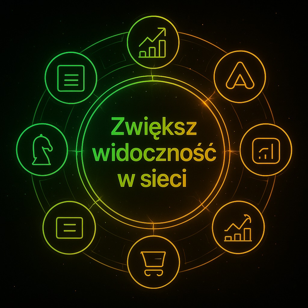 Grafika z neonowymi ikonami (wykresy, koszyk, litera A) wokół napisu 'Zwiększ widoczność w sieci' na czarnym tle. Gradient zielono-pomarańczowy.
