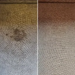 Dywan w Bielsko-Białej przed i po usunięciu trudnej plamy, widoczna wyraźna różnica w czystości włókien.