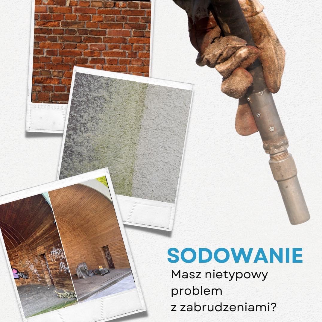 Prezentacja metody czyszczenia sodą: zbliżenie dyszy trzymanej w rękawicy roboczej, obok zdjęcia ceglanej ściany, fragmentu elewacji przed i po czyszczeniu oraz drewnianej konstrukcji przed i po...
