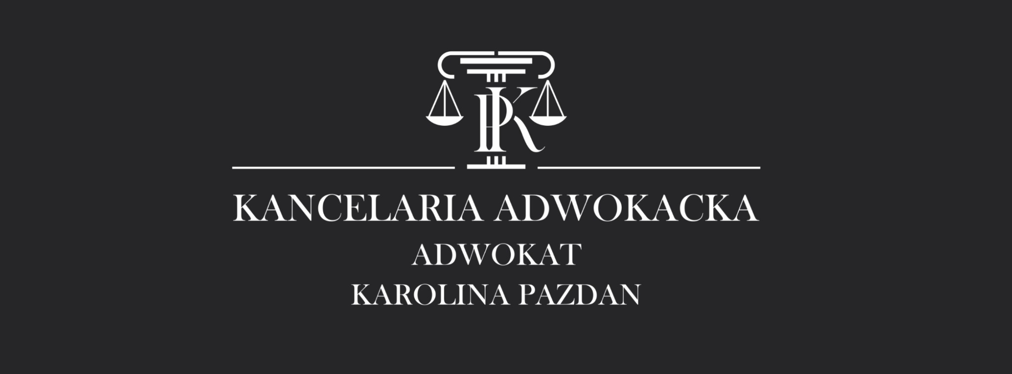 Eleganckie logo Kancelarii Adwokackiej Karolina Pazdan na ciemnym tle, z motywem wagi sprawiedliwości wkomponowanym w inicjały. Minimalistyczny design.