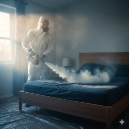 Centrum Ozonowania - Ozonuj.Pl - Pracownik w kombinezonie ochronnym rozpyla preparat na łóżko w pokoju, zabezpieczonym folią. Zamglenie w powietrzu, widoczne światło z okna.