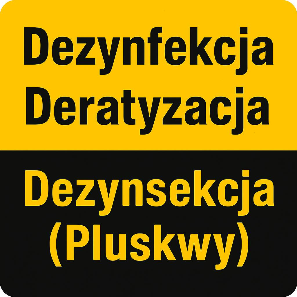 Żółto-czarny napis: Dezynfekcja, Deratyzacja, Dezynsekcja (Pluskwy). Kontrastowe kolory, wyraźny font, informacja o usłudze zwalczania szkodników i insektów.