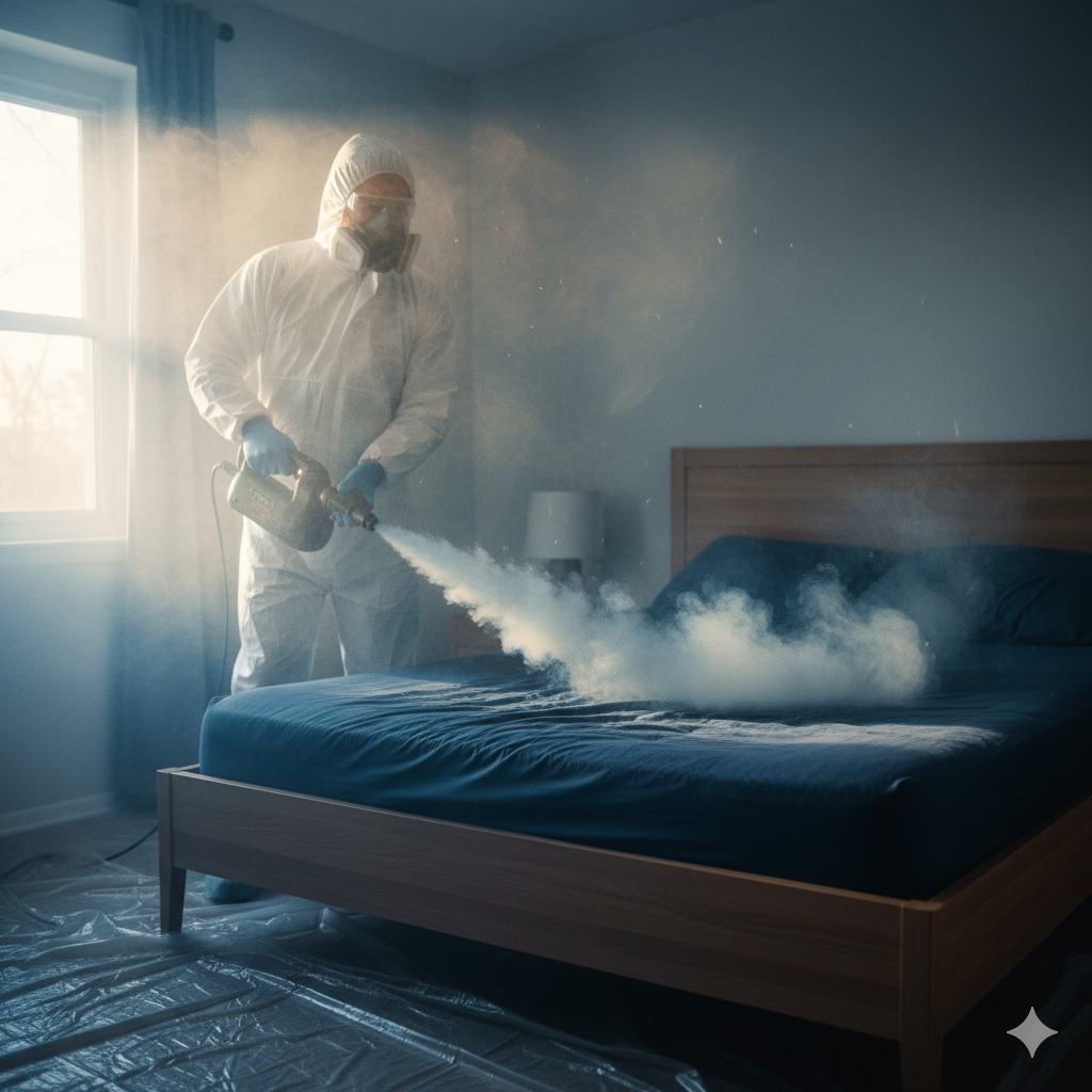 Pracownik w kombinezonie ochronnym rozpyla preparat na łóżko w pokoju, zabezpieczonym folią. Zamglenie w powietrzu, widoczne światło z okna.