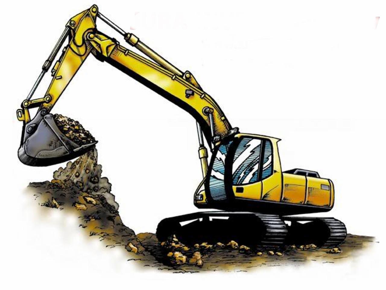 Ilustracja przedstawiająca żółtą koparkę podczas pracy, wysypującą ziemię z łyżki na pryzmę.