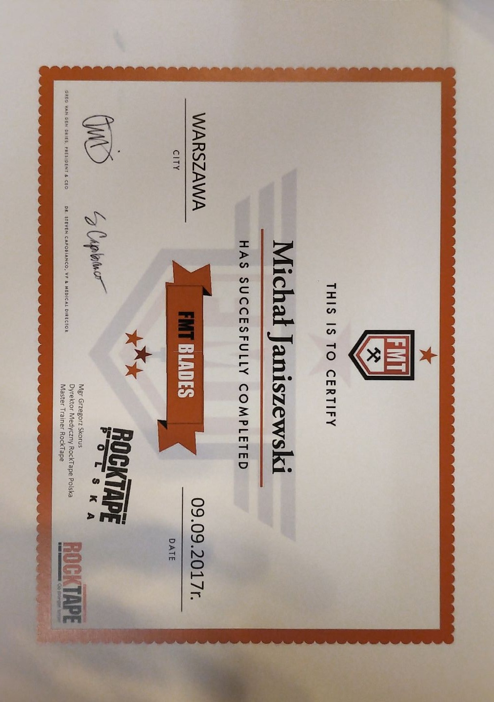 Certyfikat ukończenia szkolenia FMT Blades dla Michała Janiszewskiego, wydany w Warszawie 09.09.2017 przez RockTape Polska.