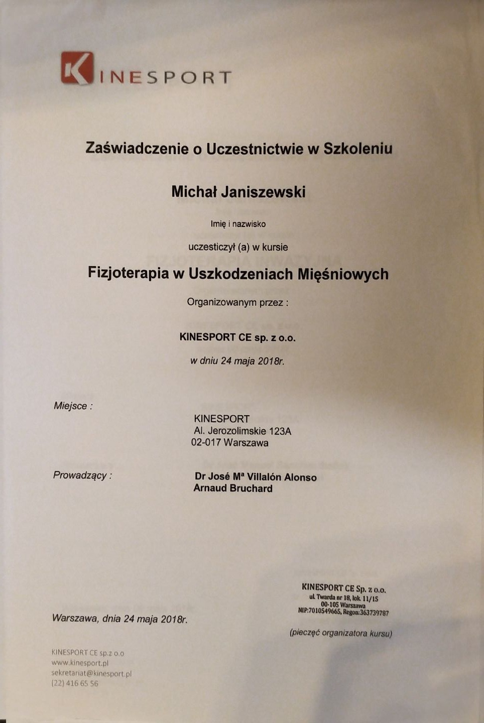 Skan zaświadczenia o uczestnictwie w szkoleniu z fizjoterapii w uszkodzeniach mięśniowych, wydanego przez Kinesport CE sp. z o.o.