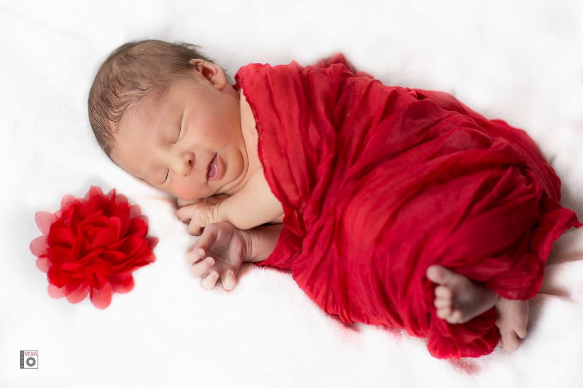 Śpiący noworodek owinięty w czerwoną tkaninę, obok czerwony kwiat na białym tle.