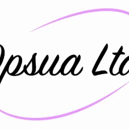 Logo firmy Qpsua Ltd z czarnym, kaligraficznym napisem i fioletowym, łukowatym elementem graficznym na białym tle.
