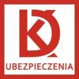 Czerwone logo firmy ubezpieczeniowej z abstrakcyjnym symbolem przypominającym litery 'K' i 'D' oraz napisem 'UBEZPIECZENIA' w dolnej części.