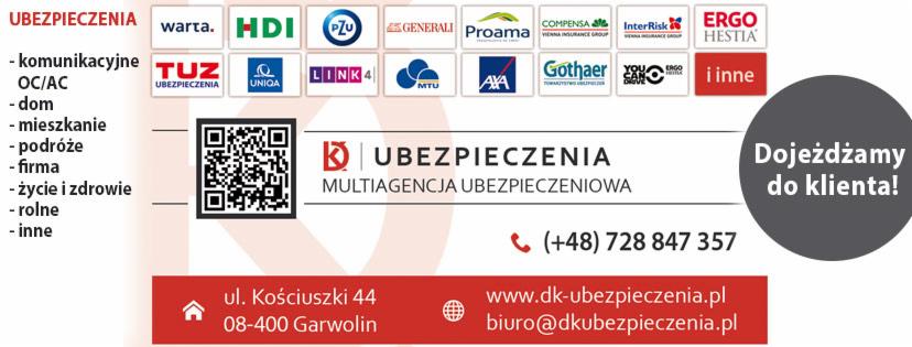 Wizytówka multiagencji ubezpieczeniowej z logo, kodem QR, listą oferowanych ubezpieczeń i danymi kontaktowymi, w tym numerem telefonu i adresem strony internetowej.