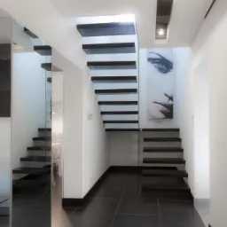 Nowoczesne schody dywanowe z czarnymi stopniami i szklaną balustradą, oświetlenie punktowe w suficie, minimalistyczny plakat z wizerunkiem twarzy na ścianie, czarne płytki podłogowe.