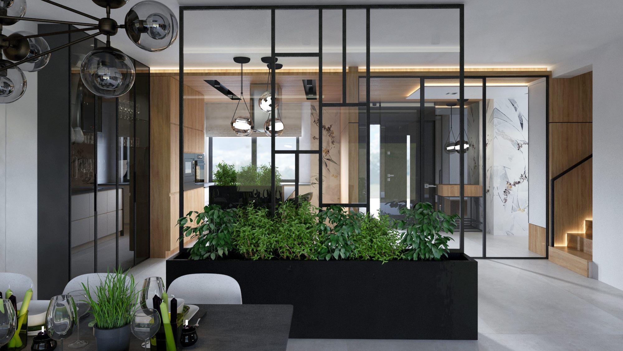 Nowoczesne wnętrze z przeszkloną ścianą działową i roślinami w donicy. Widoczna kuchnia, jadalnia i schody. Minimalistyczny design z elementami drewna i czerni.