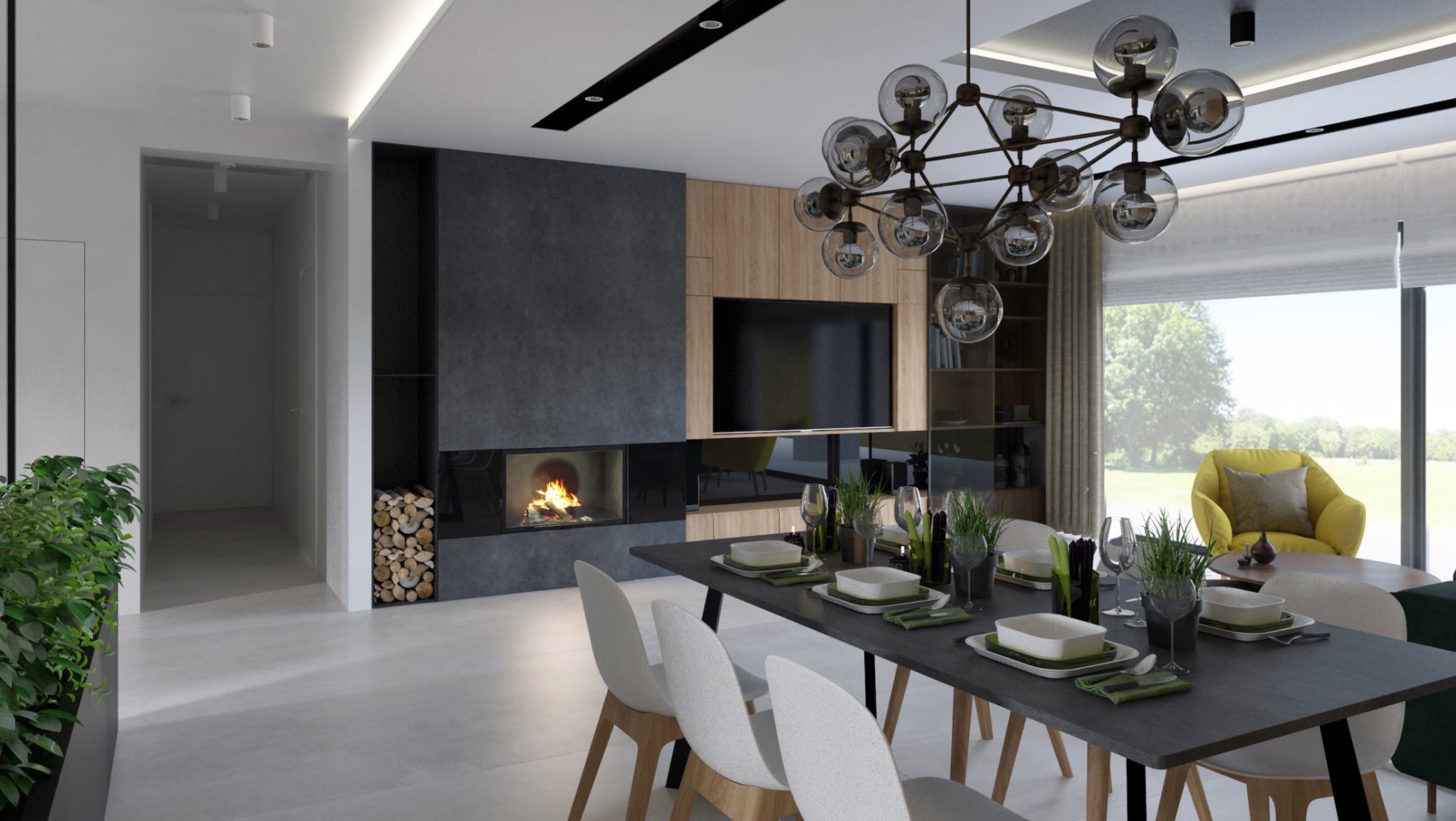 Nowoczesna jadalnia z kominkiem i stołem dla sześciu osób. Minimalistyczny design, szara ściana z paleniskiem, drewniane akcenty i designerska lampa sufitowa.