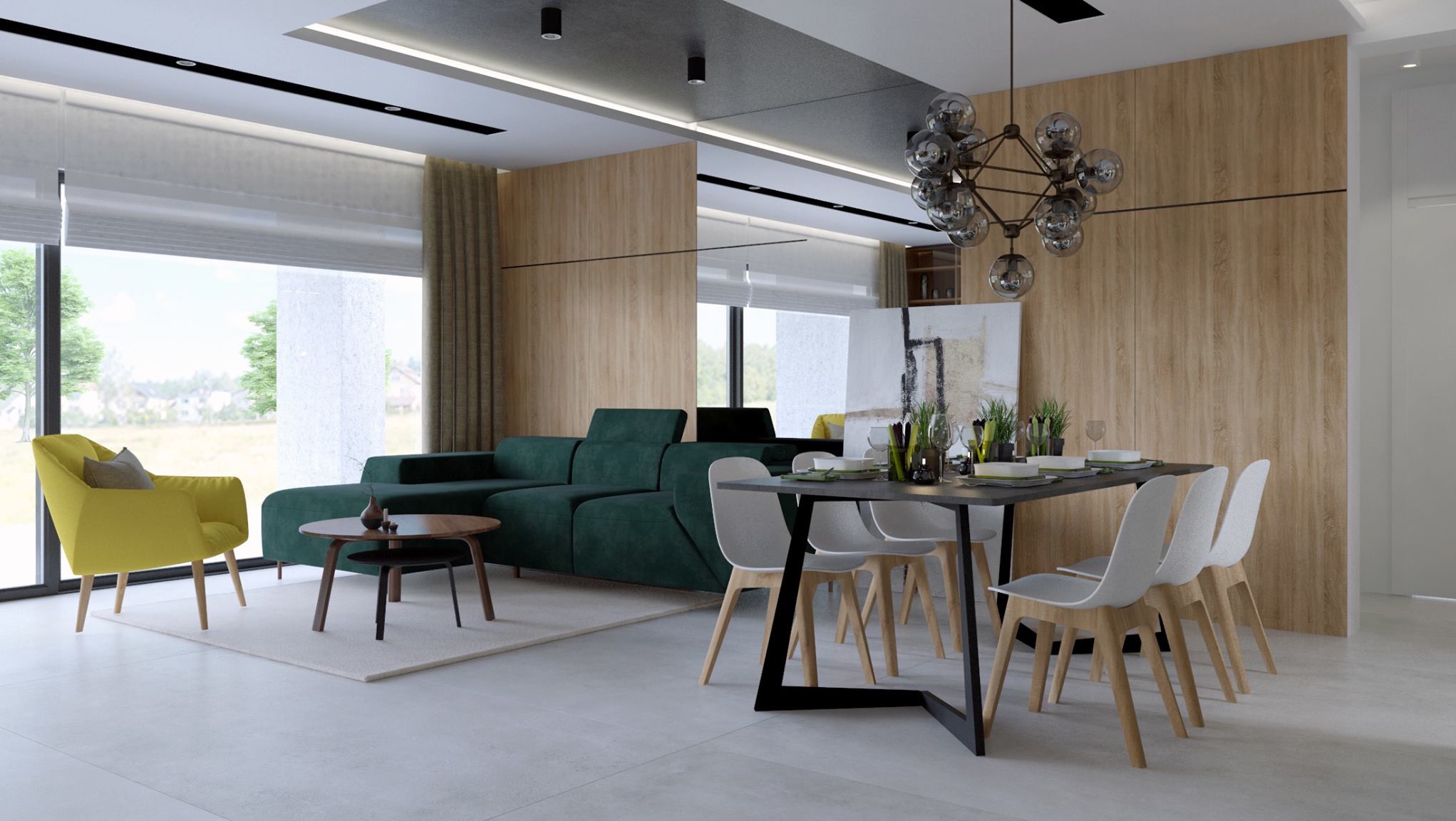 Wizualizacja salonu z zieloną sofą, żółtym fotelem i stołem jadalnym. Nowoczesne oświetlenie i drewniane panele ścienne tworzą przytulną atmosferę.