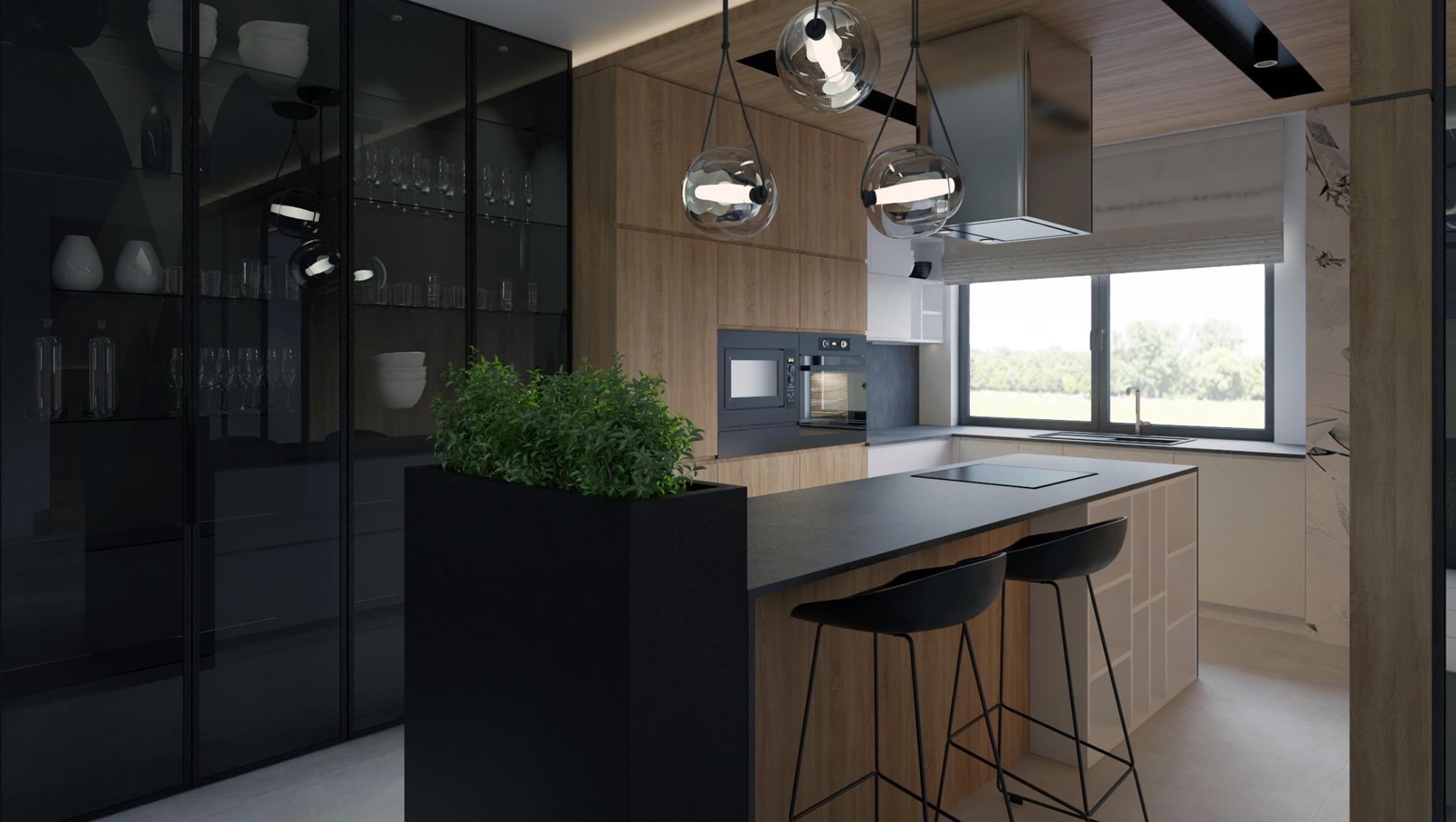 Nowoczesna kuchnia w Bydgoszczy: drewniane fronty, czarne akcenty, wyspa z hokerami i wiszące lampy. Minimalistyczny design z rośliną w donicy.