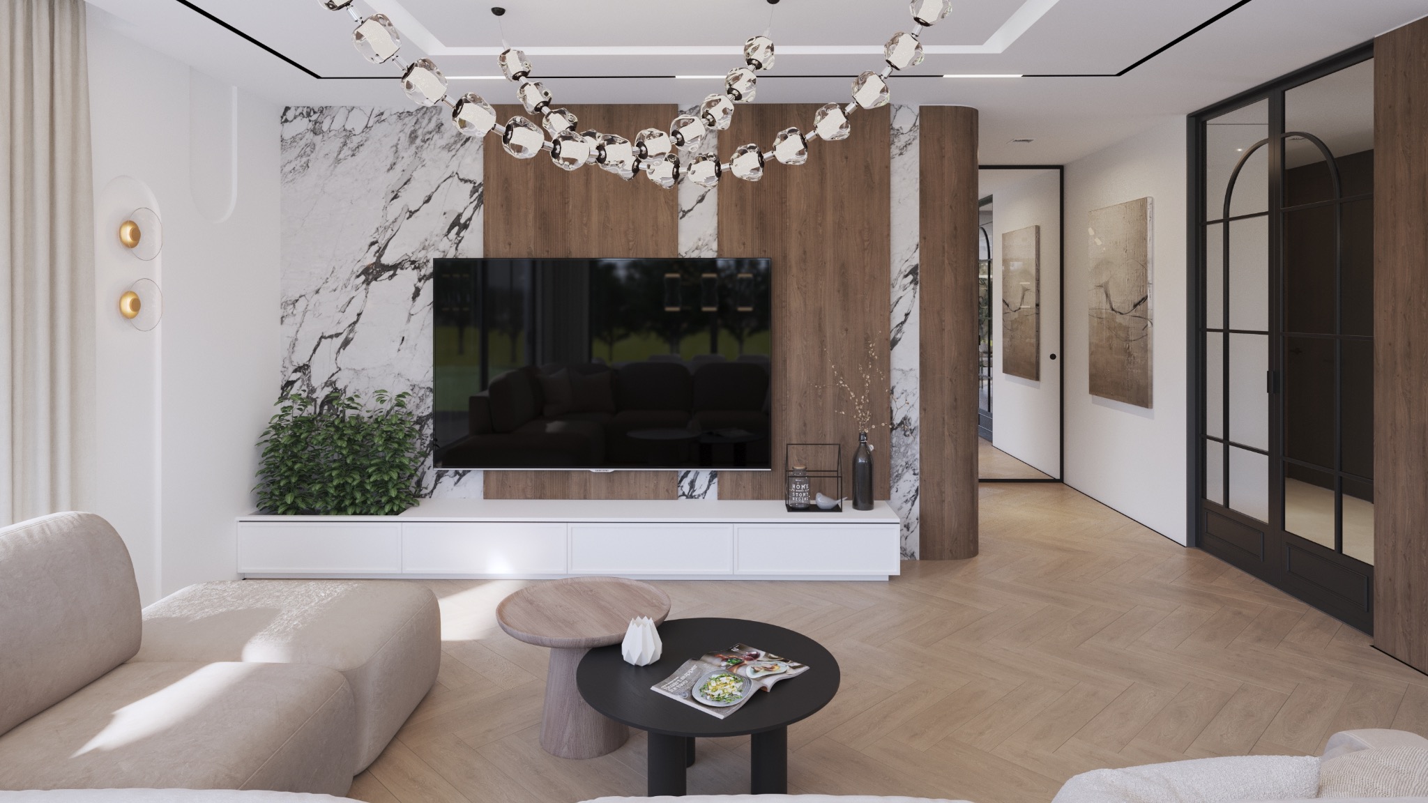 Elegancki salon z telewizorem na tle marmurowej ściany, designerski żyrandol, drewniane akcenty i parkiet w jodełkę. Nowoczesne wnętrze z sofą i stolikami kawowymi.