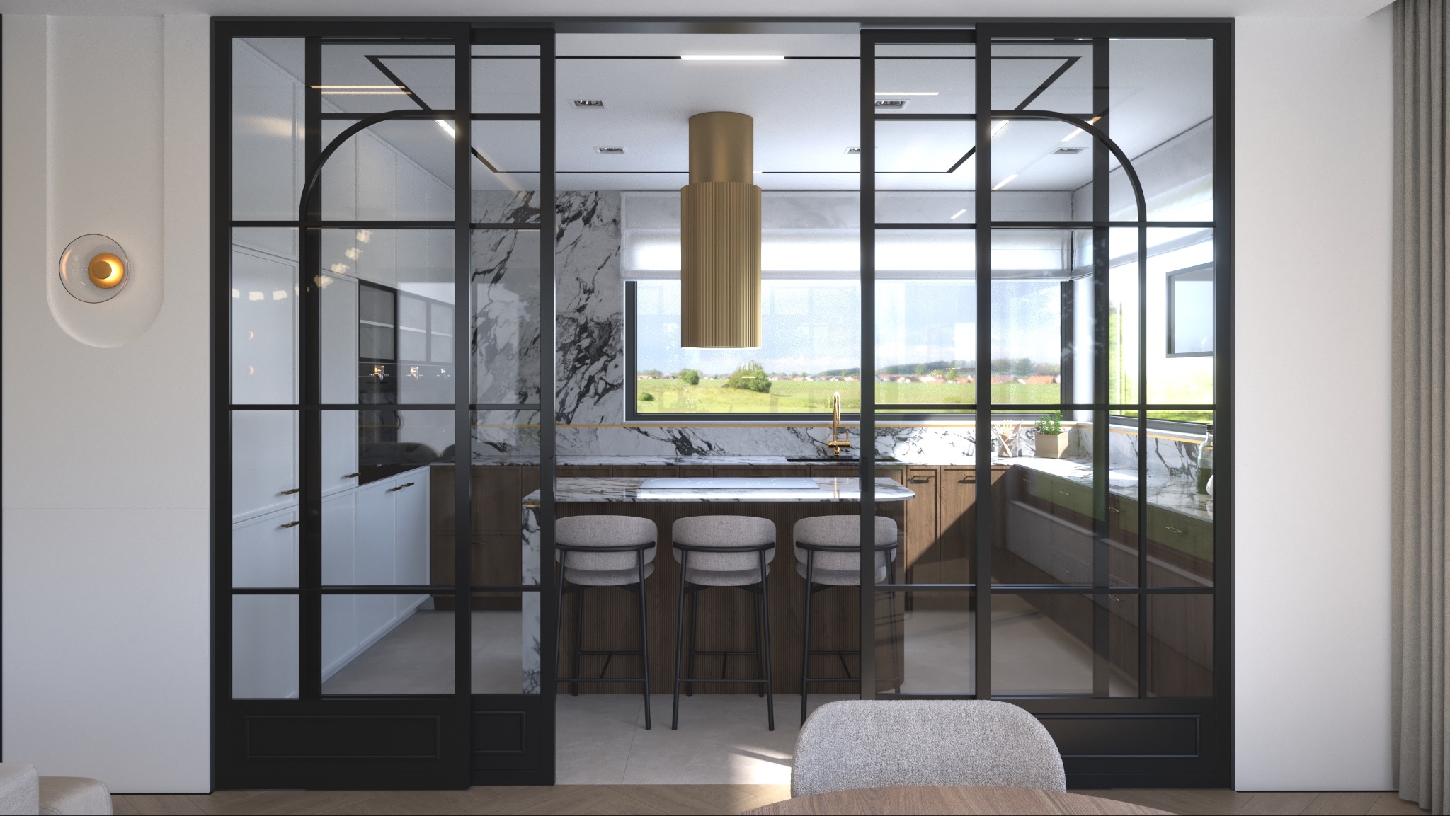Nowoczesna kuchnia z wyspą, marmurowym blatem i złotym okapem, widoczna przez przeszklone, czarne drzwi przesuwne. Minimalistyczny design, naturalne światło.