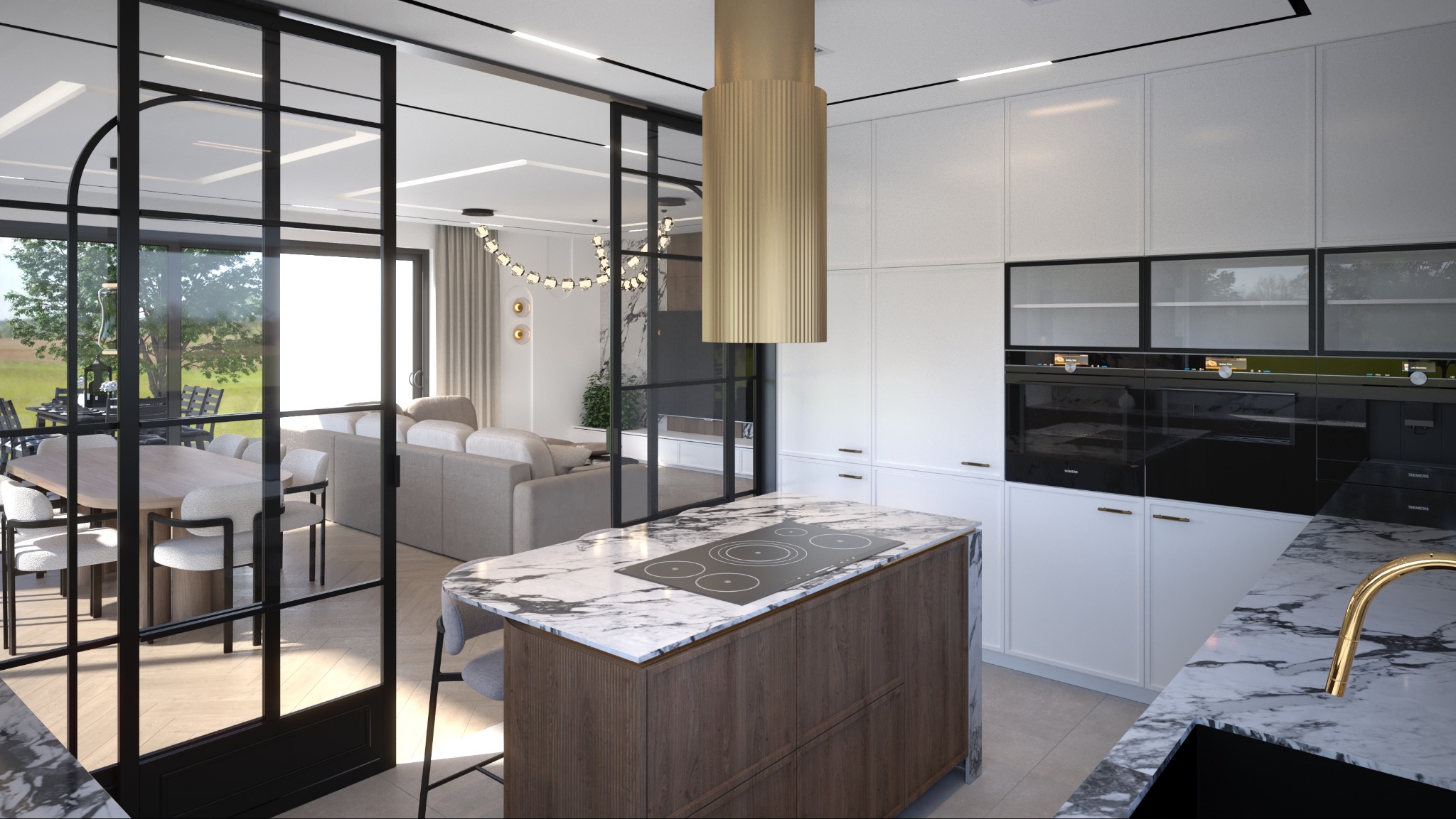 Nowoczesna kuchnia z wyspą i marmurowym blatem, widok na salon przez przeszklone drzwi. Złoty okap cylindryczny, białe szafki, czarne piekarniki.