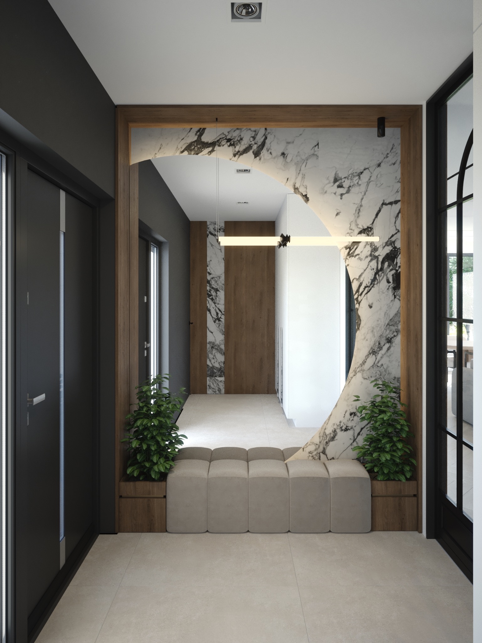 Nowoczesny hol z lustrem w marmurowej oprawie, drewnianymi akcentami i roślinami. Beżowa pufa dodaje przytulności. Widok na dalszą część mieszkania.