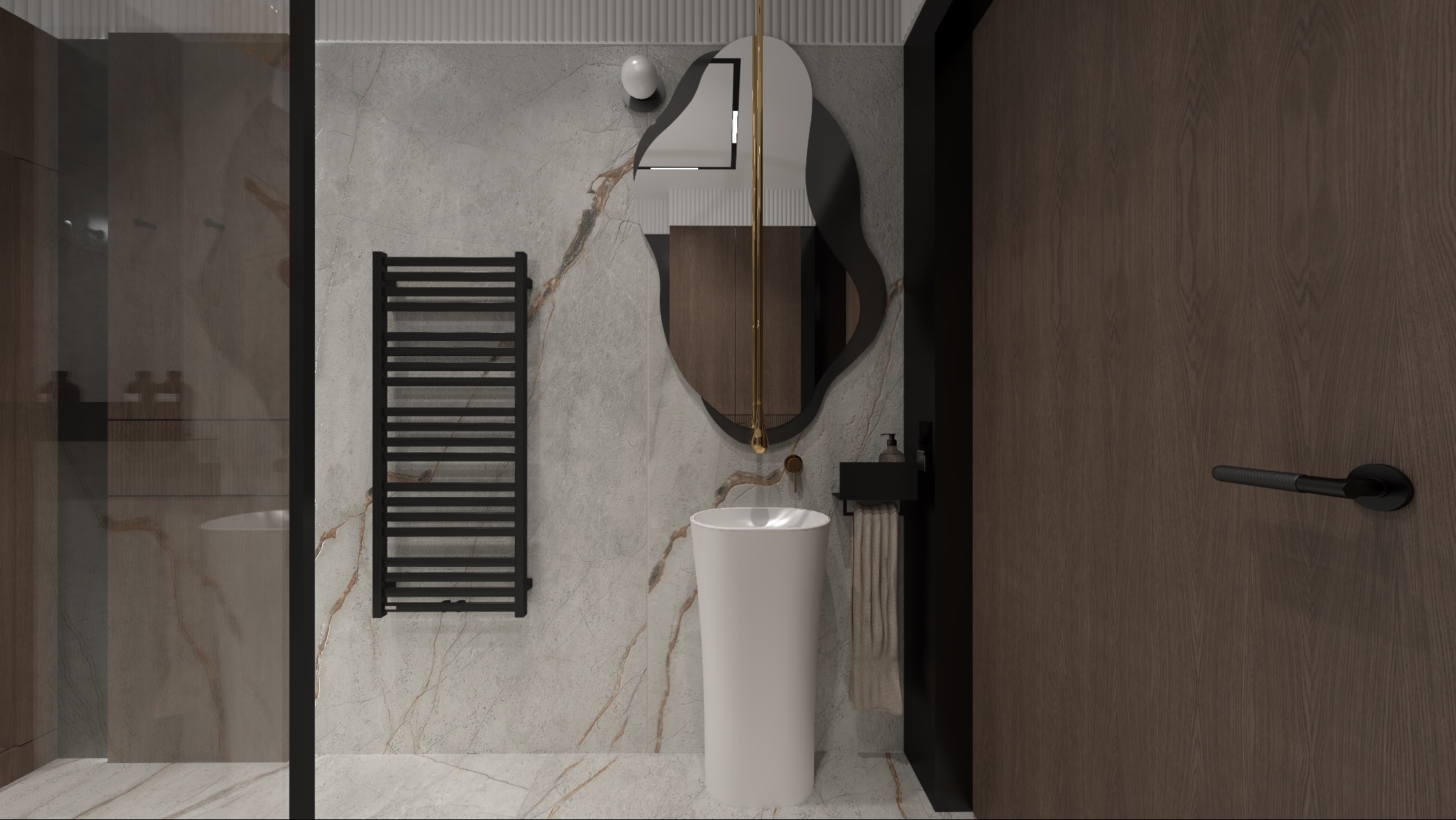 Nowoczesna łazienka z umywalką wolnostojącą, grzejnikiem drabinkowym i asymetrycznym lustrem na tle marmurowej ściany. Minimalistyczny design z akcentami złota.