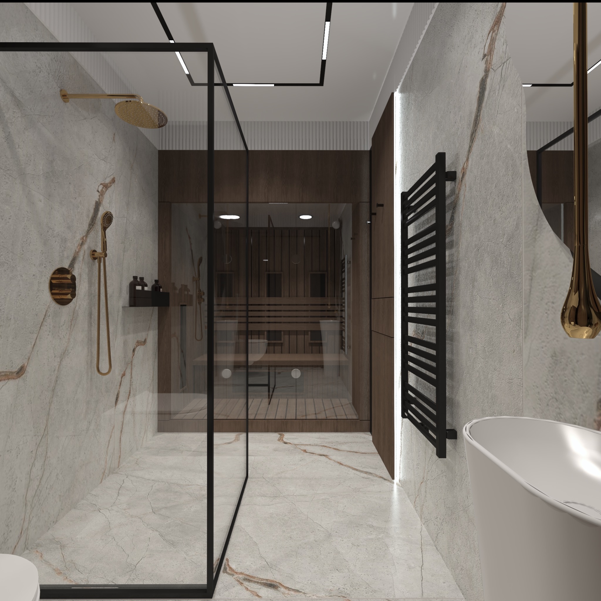 Elegancka łazienka z kabiną prysznicową typu walk-in, grzejnikiem drabinkowym i sauną w tle. Marmurowe płytki, złote akcenty i nowoczesne oświetlenie.